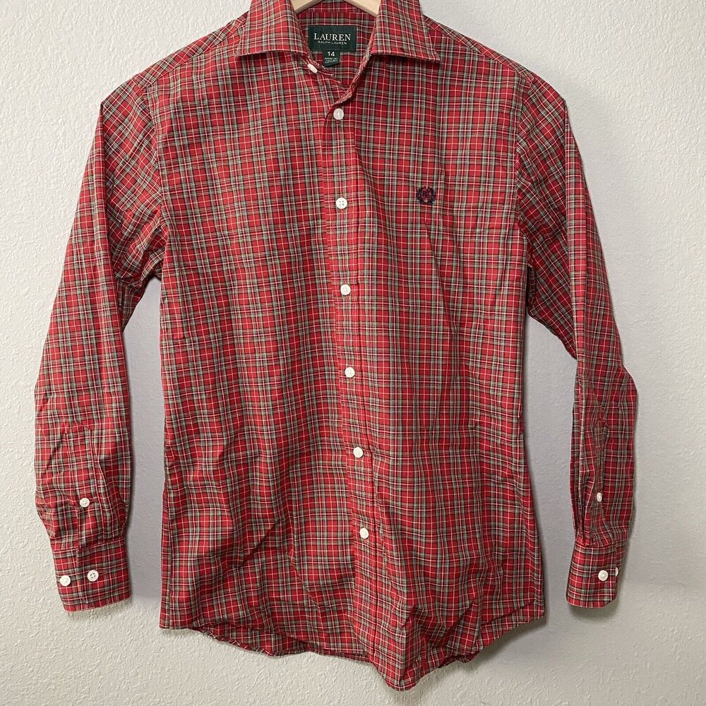 Lauren Ralph Lauren Kid's Shirt, Long Sleeve Button-Up Dress Shirt, Plaid Sz 14